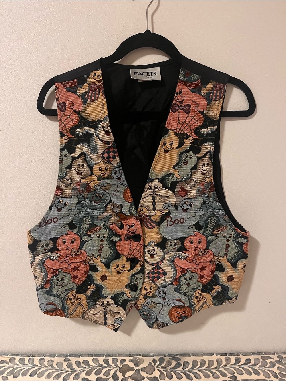 Facets Vintage Halloween Ghost Vest Casper Ghostbusters Spooky Knit Needlepoint